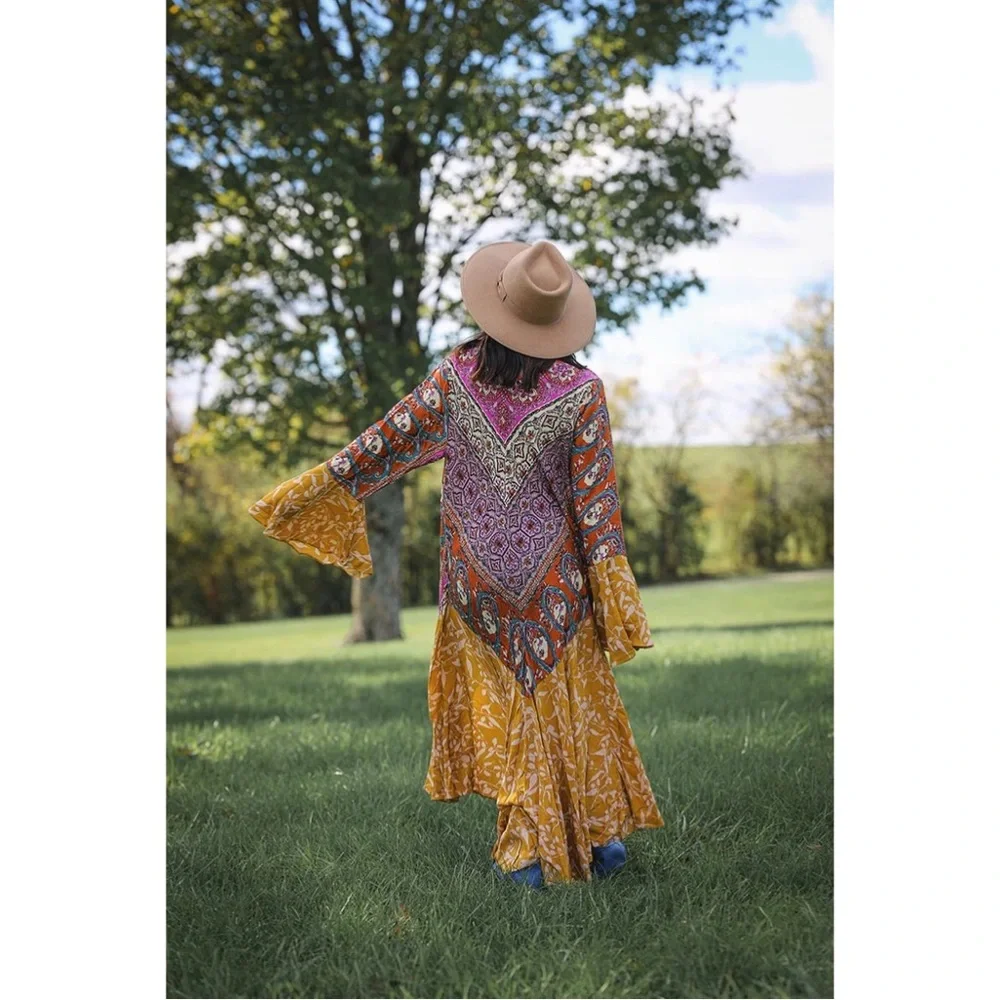 SPARROW PATCHWORK RUFFLED BOHO KIMONO DUSTER - MUSTARD MIX - Picture 4 of 4